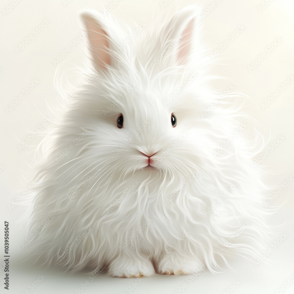 A fluffy white rabbit with long fur, sitting calmly against a light background. A fluffy white rabbit with long fur, sitting calmly against a light background.