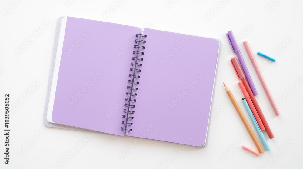 A bright purple spiral notebook lying open on a white background, with colorful pens scattered beside it, adding a playful and creative vibe. A bright purple spiral notebook lying open on a white background, with colorful pens scattered beside it, adding a playful and creative vibe.