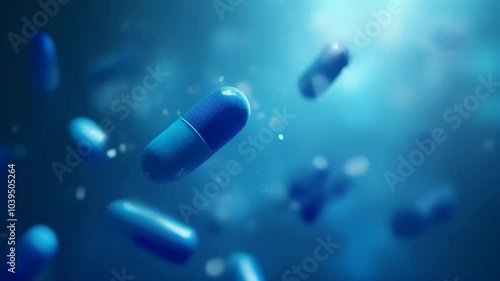 Close up of capsule, pill on blurred blue background