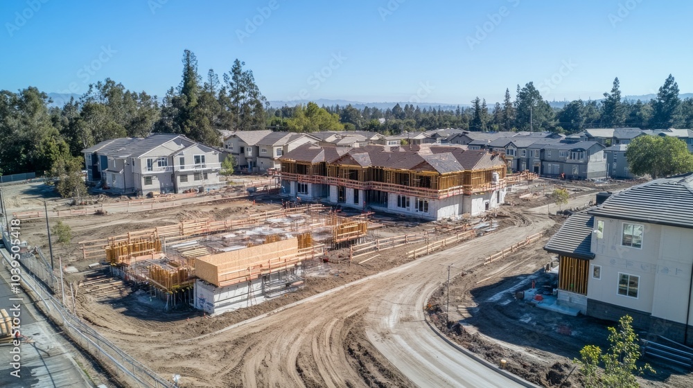 Aerial view of residential construction development with multiple homes in various stages of completion. Aerial view of residential construction development with multiple homes in various stages of completion.