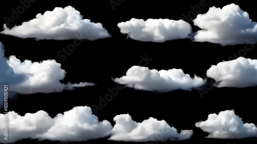 Moving Cloud in Black Background, isolated realistic Cloud, 3D Puffy fluffy white sky cloud. Generative AI