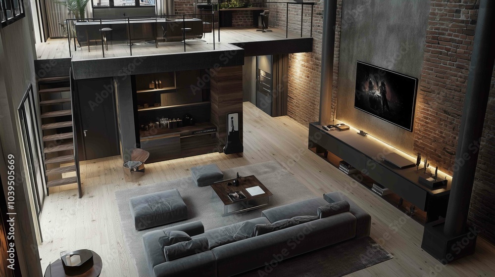 Gray sofa and tv unit in loft interior design of modern living room
Gray sofa and tv unit in loft interior design of modern living room