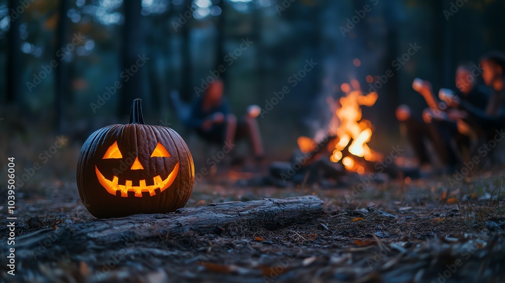 A glowing jack-o'-lantern sits in the foreground of a dark forest scene, with a campfire burning in the background. A glowing jack-o'-lantern sits in the foreground of a dark forest scene, with a campfire burning in the background.