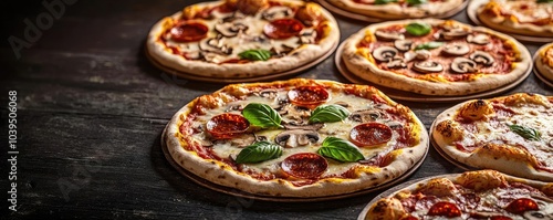 Delicious pizzas topped with fresh ingredients on a wooden table.