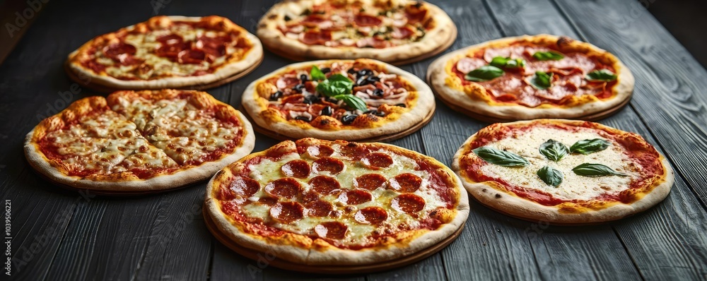 Assorted pizzas displayed on a rustic wooden surface. Assorted pizzas displayed on a rustic wooden surface.
