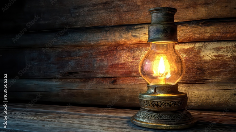 Old oil lamp glowing in the dark with wooden background Old oil lamp glowing in the dark with wooden background