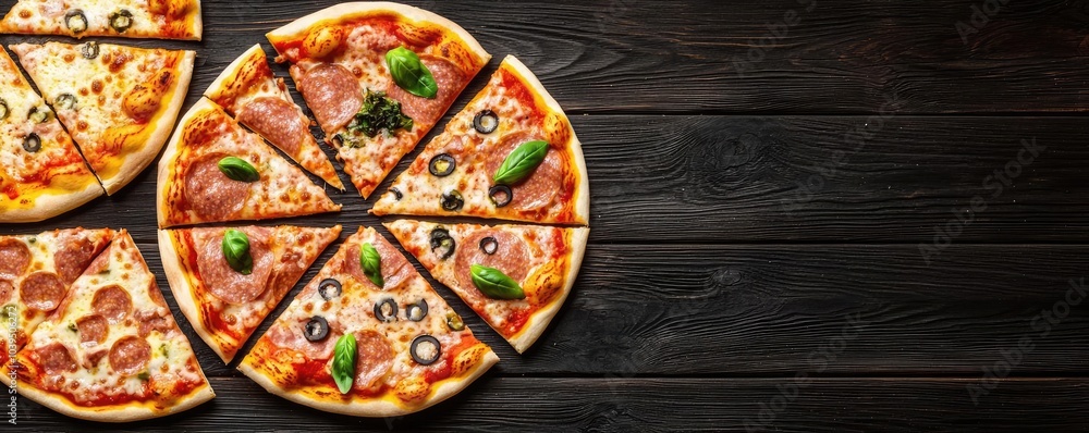 Delicious pizza with assorted toppings on a rustic wooden table. Delicious pizza with assorted toppings on a rustic wooden table.