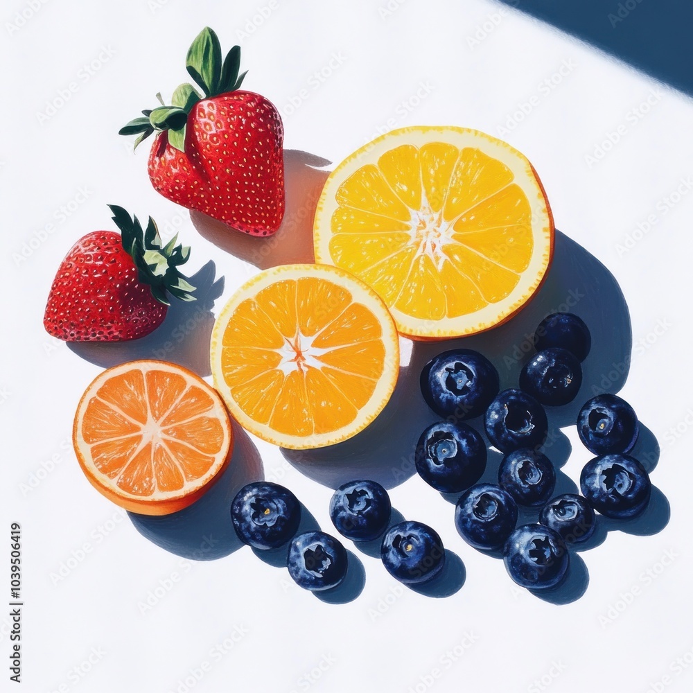 A vibrant arrangement of strawberries, oranges, and blueberries on a bright background. A vibrant arrangement of strawberries, oranges, and blueberries on a bright background.