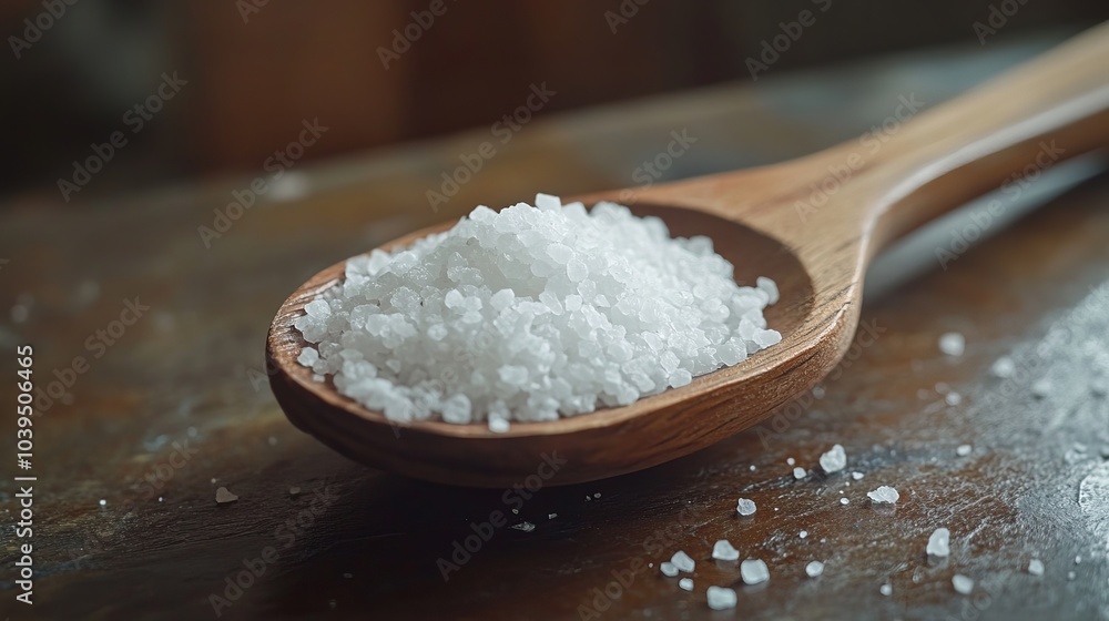 Sea salt in a wooden spoon, with selective focus. Sea salt in a wooden spoon, with selective focus.