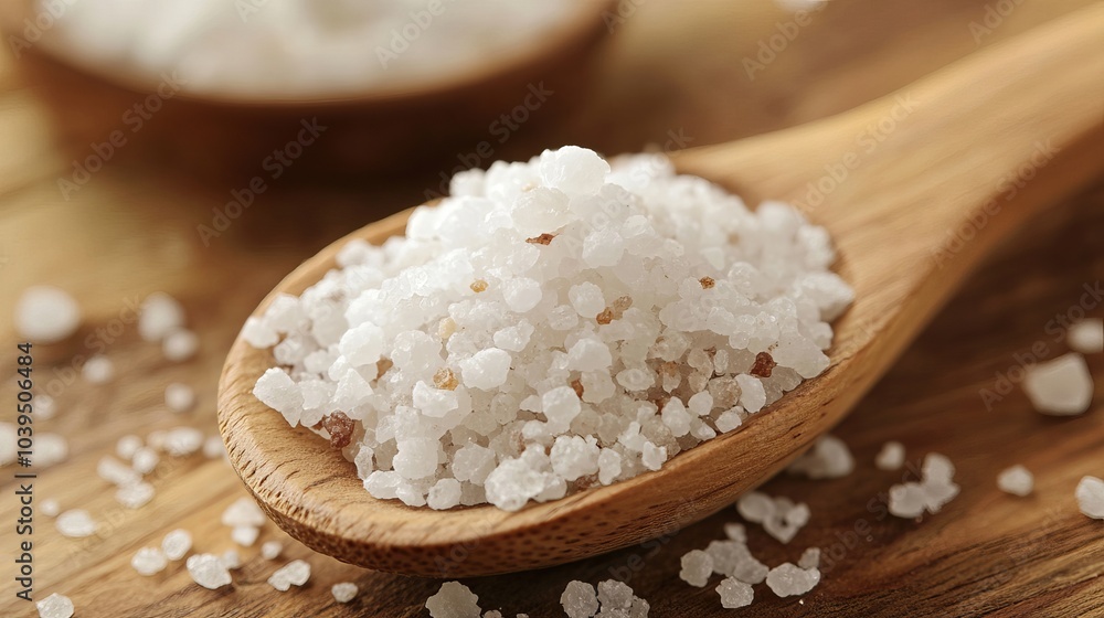 Sea salt in a wooden spoon, with selective focus. Sea salt in a wooden spoon, with selective focus.