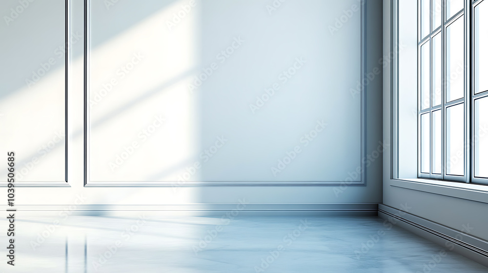 Fototapeta premium A bright, minimalist room with white walls, a large window, and a smooth, white floor. The sun shines through the window, casting soft shadows on the wall. The room is empty and ready for design.