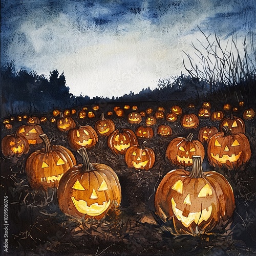 watercolor painting of a pumpkin patch at dusk with glowing jack-o'-lanterns, on isolated white background