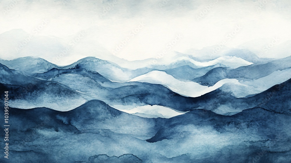 Abstract watercolor painting of blue mountains in a misty landscape. Abstract watercolor painting of blue mountains in a misty landscape.
