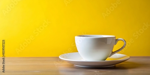 A solitary white porcelain cup rests upon a saucer, set against a vibrant yellow backdrop, a simple composition that evokes a sense of peace and tranquility.