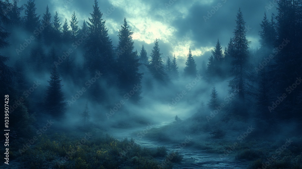 A misty forest with tall trees and a stream running through it. A misty forest with tall trees and a stream running through it.
