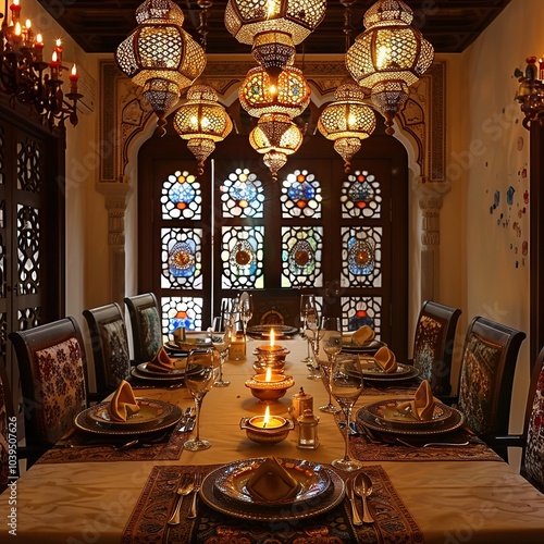 Luxurious Dining Area with Diwali Lights, Elegant Table Setting, and Traditional Indian Cuisine photo