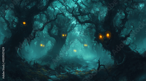 Mysterious forest at night illuminated by glowing eyes of unknown creatures in a dense, fog-covered landscape