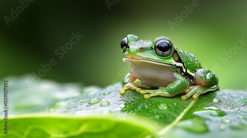  A frog up-close on a wet leaf against a green backdrop, with water droplets on its surface