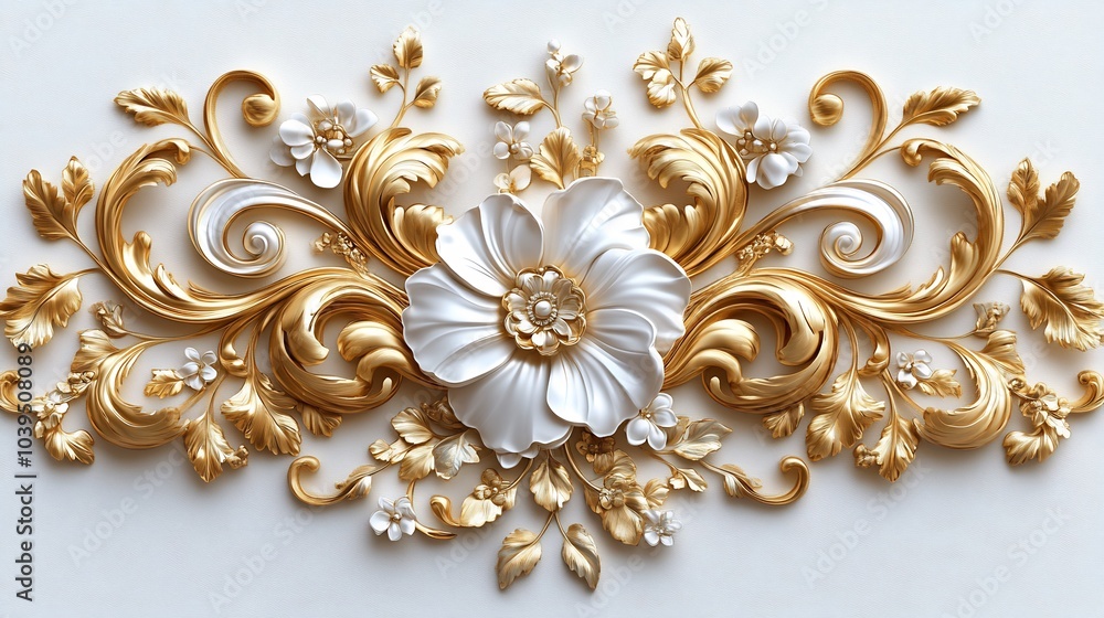 Intricate 3D golden Baroque ornament featuring swirling floral designs leaf filigree and opulent rococo scrolls set on a white background for an elegant luxurious look Intricate 3D golden Baroque ornament featuring swirling floral designs leaf filigree and opulent rococo scrolls set on a white background for an elegant luxurious look