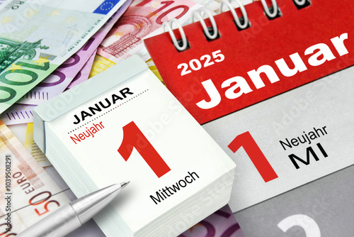 Deutscher Kalender Datum 1. Januar 2025 Neujahr und Euro