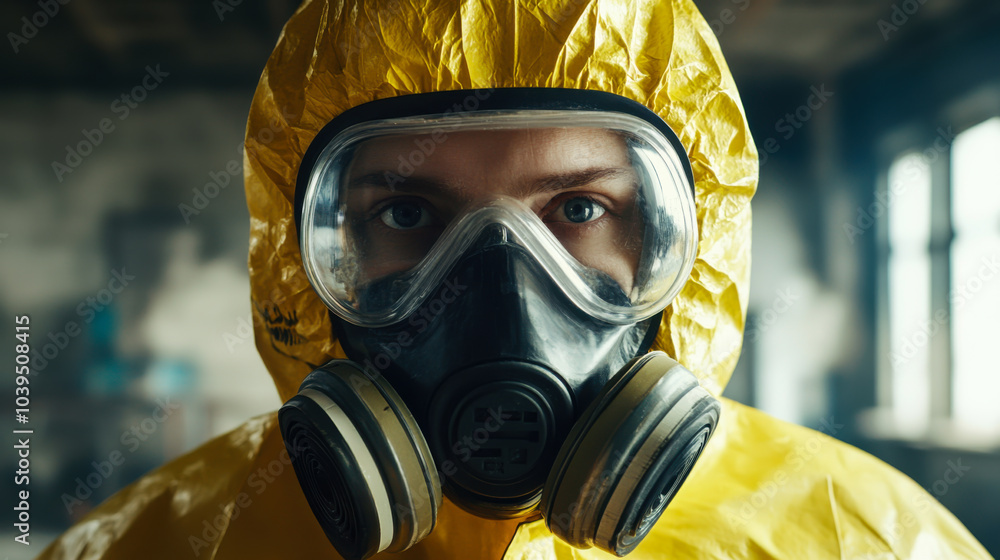 Individual in yellow protective suit and gas mask poses in an abandoned industrial setting with dramatic lighting during daytime Individual in yellow protective suit and gas mask poses in an abandoned industrial setting with dramatic lighting during daytime