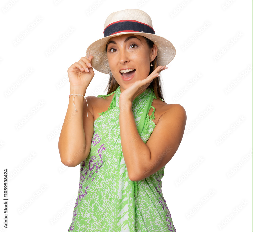 Naklejka premium Portrait of happy young woman in summer clothing and straw hat isolated over transparent background.