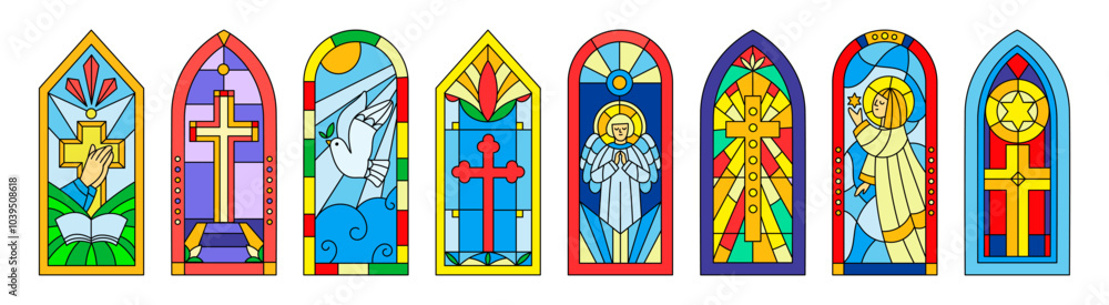 Fototapeta premium Color window. Church cathedral stained glass. Religious subjects. Angels and crucifix crosses. Christianity architecture. Catholicism worship. Arch windowsill art. Garish vector set