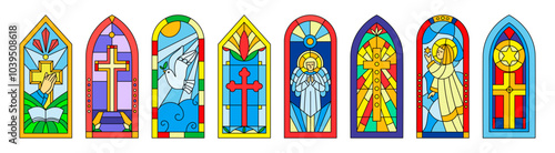 Color window. Church cathedral stained glass. Religious subjects. Angels and crucifix crosses. Christianity architecture. Catholicism worship. Arch windowsill art. Garish vector set