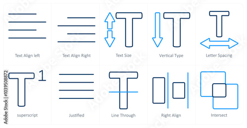A set of 10 editing tools icons as text align left, text align right, text size