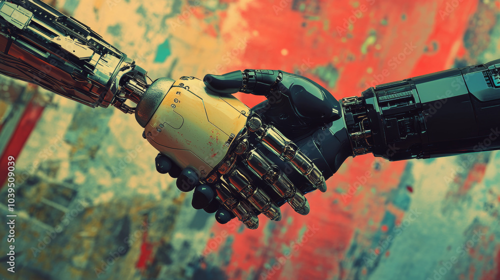 A robot and a human shaking hands symbolizes the advancement of new technologies.pop art. A robot and a human shaking hands symbolizes the advancement of new technologies.pop art.