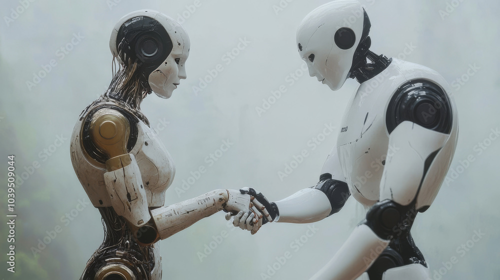 A robot and a human shaking hands symbolizes the advancement of new technologies.pop art. A robot and a human shaking hands symbolizes the advancement of new technologies.pop art.