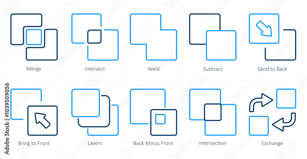 A set of 10 editing tools icons as merge, intersect, weld A set of 10 editing tools icons as merge, intersect, weld