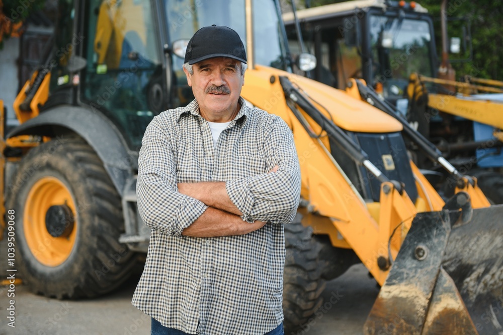 Construction driver with excavator on the background Construction driver with excavator on the background