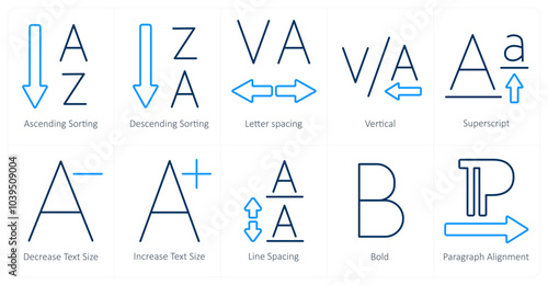 A set of 10 editing tools icons as ascending sorting, descending sorting, letter spacing