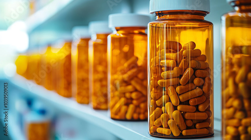 A pharmacy shelf filled with medicine bottles, with the background out of focus.