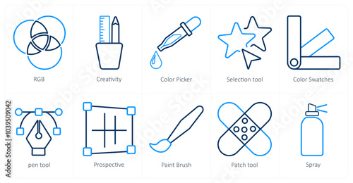 A set of 10 editing tools icons as rgb, creativity, color picker