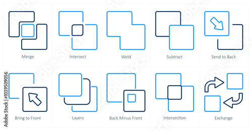 A set of 10 editing tools icons as merge, intersect, weld