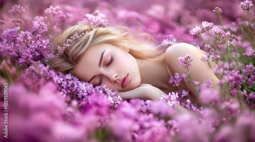  A woman reclines in a flower-filled field, eyes shut, head cradled on her breasts