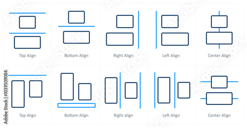 A set of 10 editing tools icons as top align, bottom align, right align