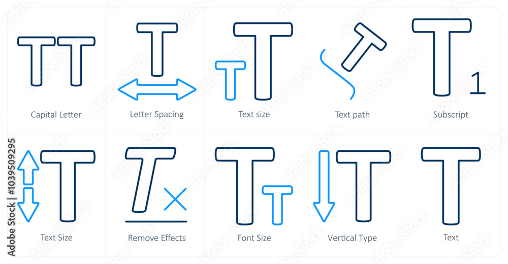 A set of 10 editing tools icons as capital letter, letter spacing, text size A set of 10 editing tools icons as capital letter, letter spacing, text size