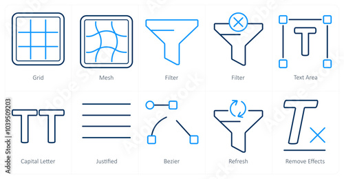 A set of 10 editing tools icons as grid, mesh, filter