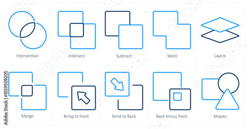 A set of 10 editing tools icons as intersection, intersect, subtract