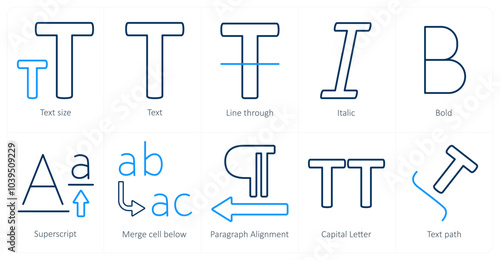 A set of 10 editing tools icons as text size, text, line through, italic