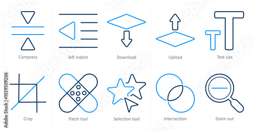 A set of 10 editing tools icons as compress, left indent, download
