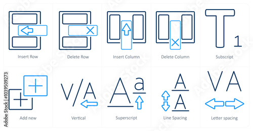 A set of 10 editing tools icons as insert row, delete row, insert coloumn