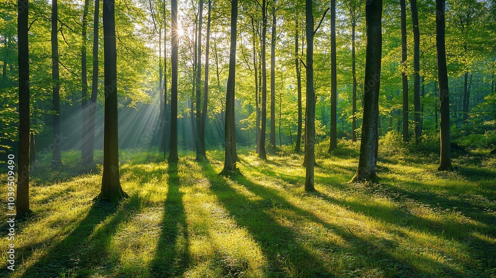 Obraz premium Sunbeams illuminate a lush green forest with tall trees and long shadows on the ground.