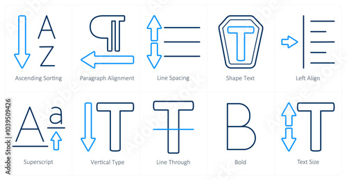 A set of 10 editing tools icons as ascending sorting, paragraph alignment, line spacing