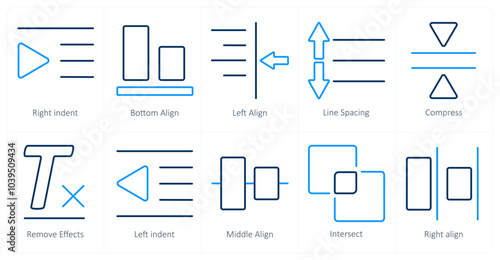 A set of 10 editing tools icons as right indent, bottom align, left align