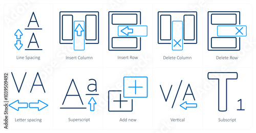 A set of 10 editing tools icons as line spacing, insert coloumn, insert row