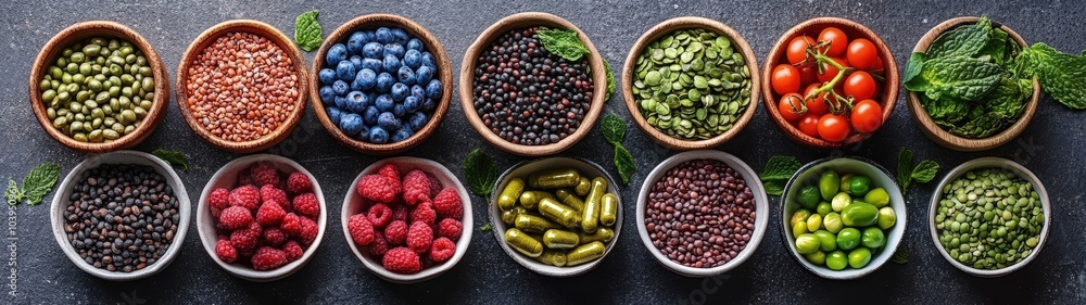 A colorful array of various fruits, seeds, and vegetables displayed in bowls on a dark countertop, showcasing healthy eating. A colorful array of various fruits, seeds, and vegetables displayed in bowls on a dark countertop, showcasing healthy eating.